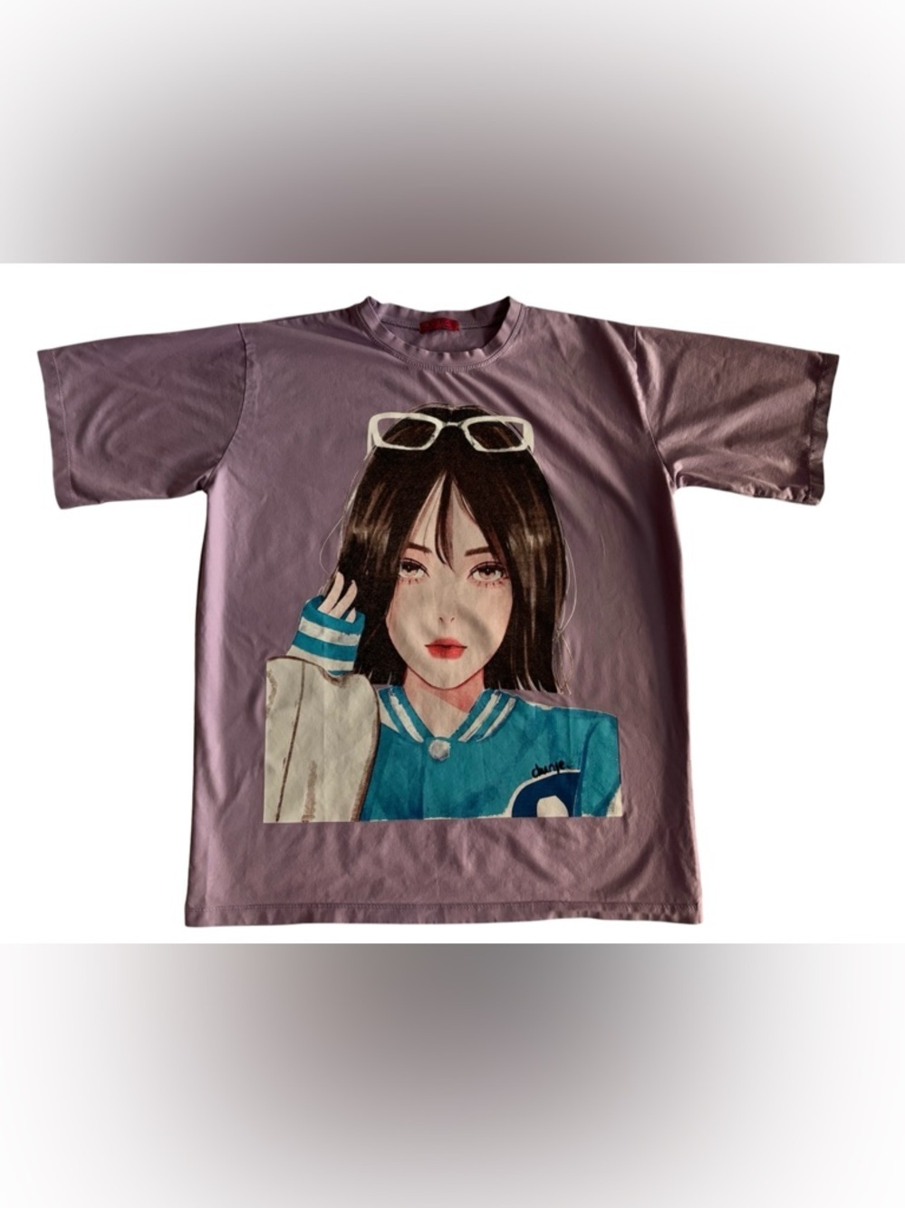 Y2K Aesthetic Anime Portrait Graphic T-Shirt Lavender Size M/L